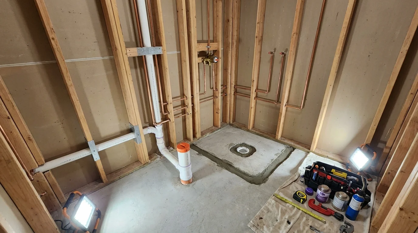 Bathroom rough-in plumbing during remodel by Johns Plumbing LLC in Belpre