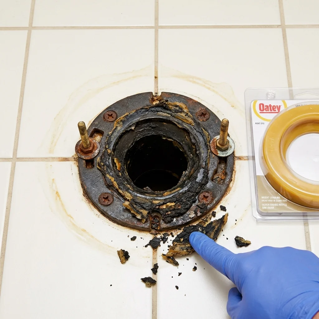Failed wax ring showing water seepage at the base of a toilet in a Belpre, OH home