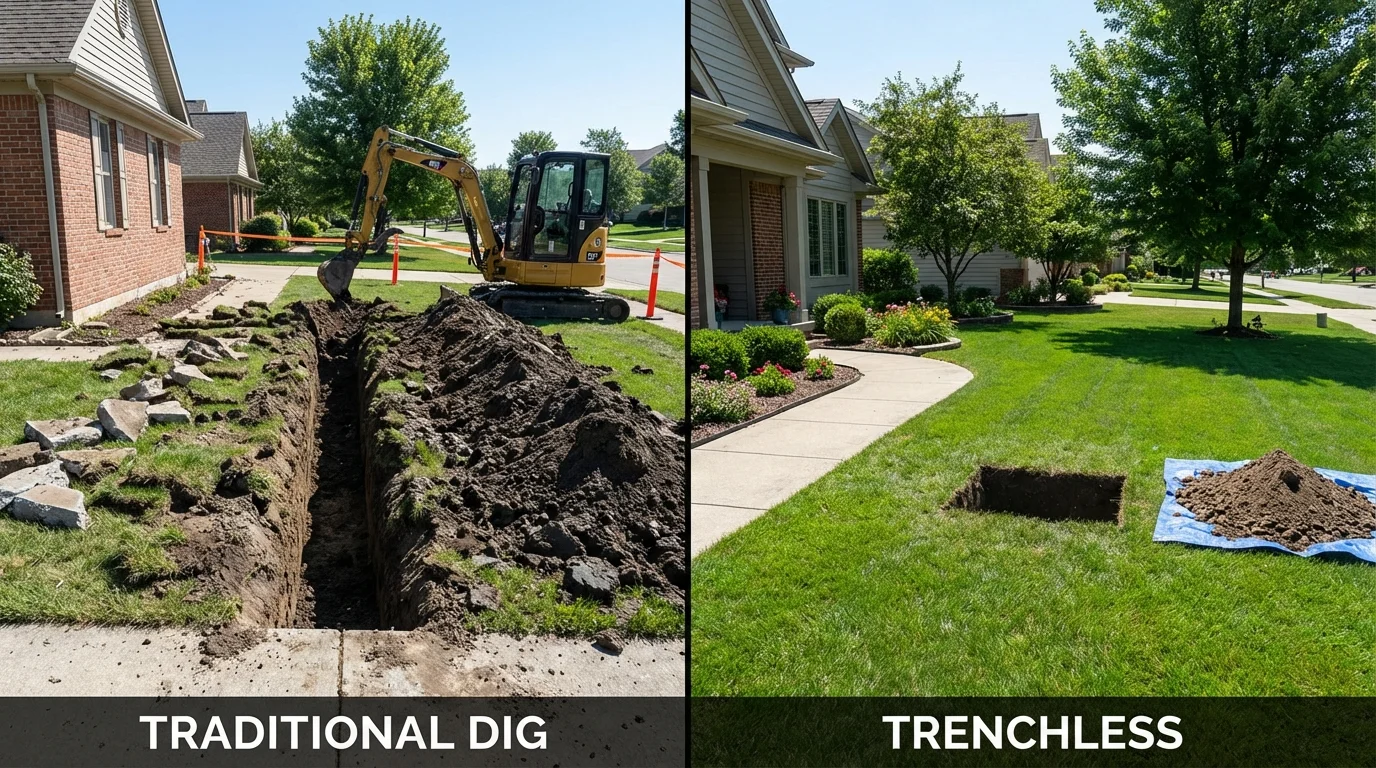 Trenchless sewer repair with minimal yard damage versus traditional excavation in Belpre, OH